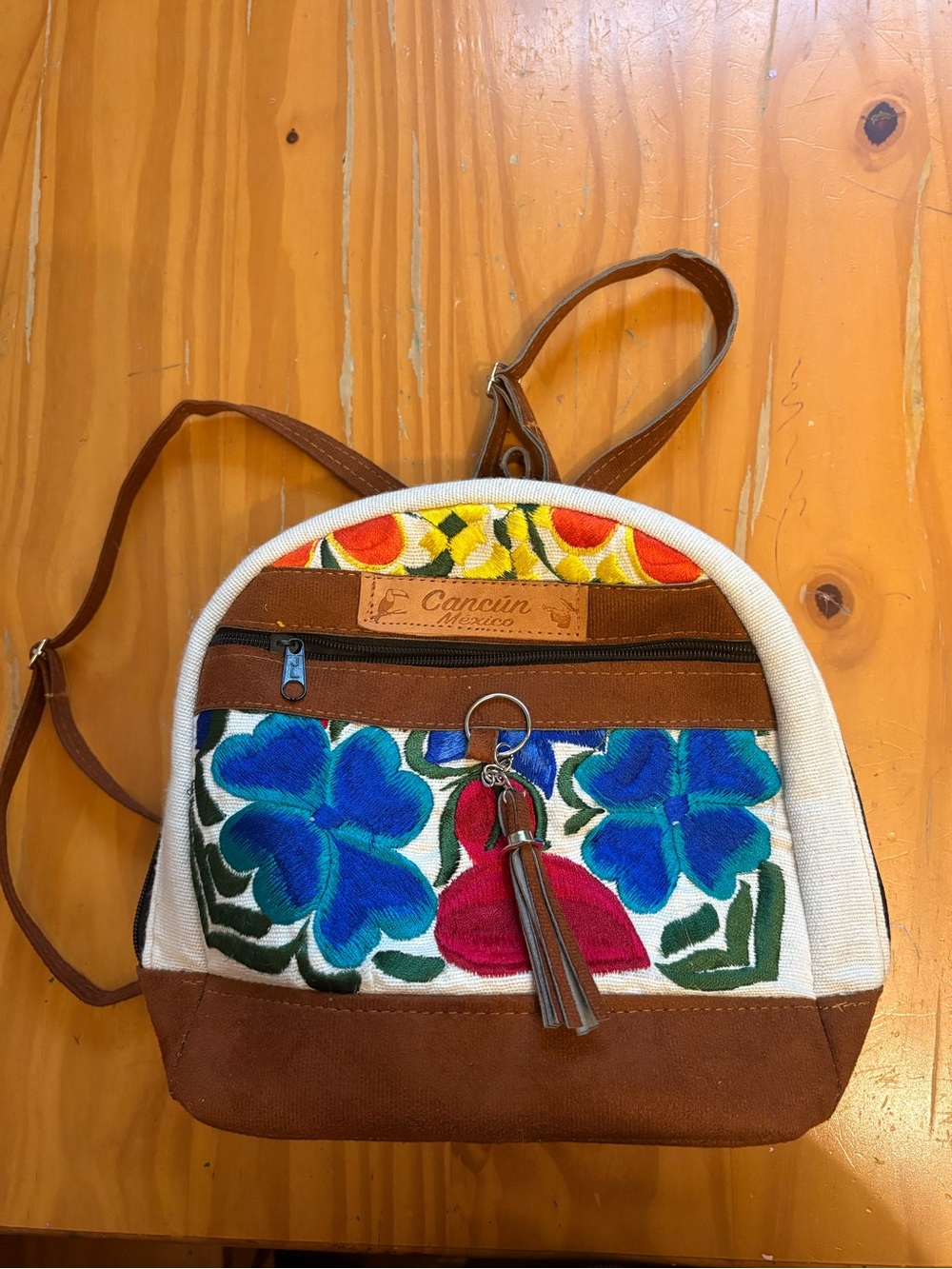 Cancún Embroidered Floral Mini Backpack - Blue & Brown